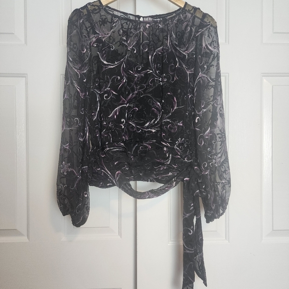 WHBM  Black & Purple Sheer Floral Long Sleeve Crew Cami Woman's Blouse  Size 4 - Picture 3 of 6